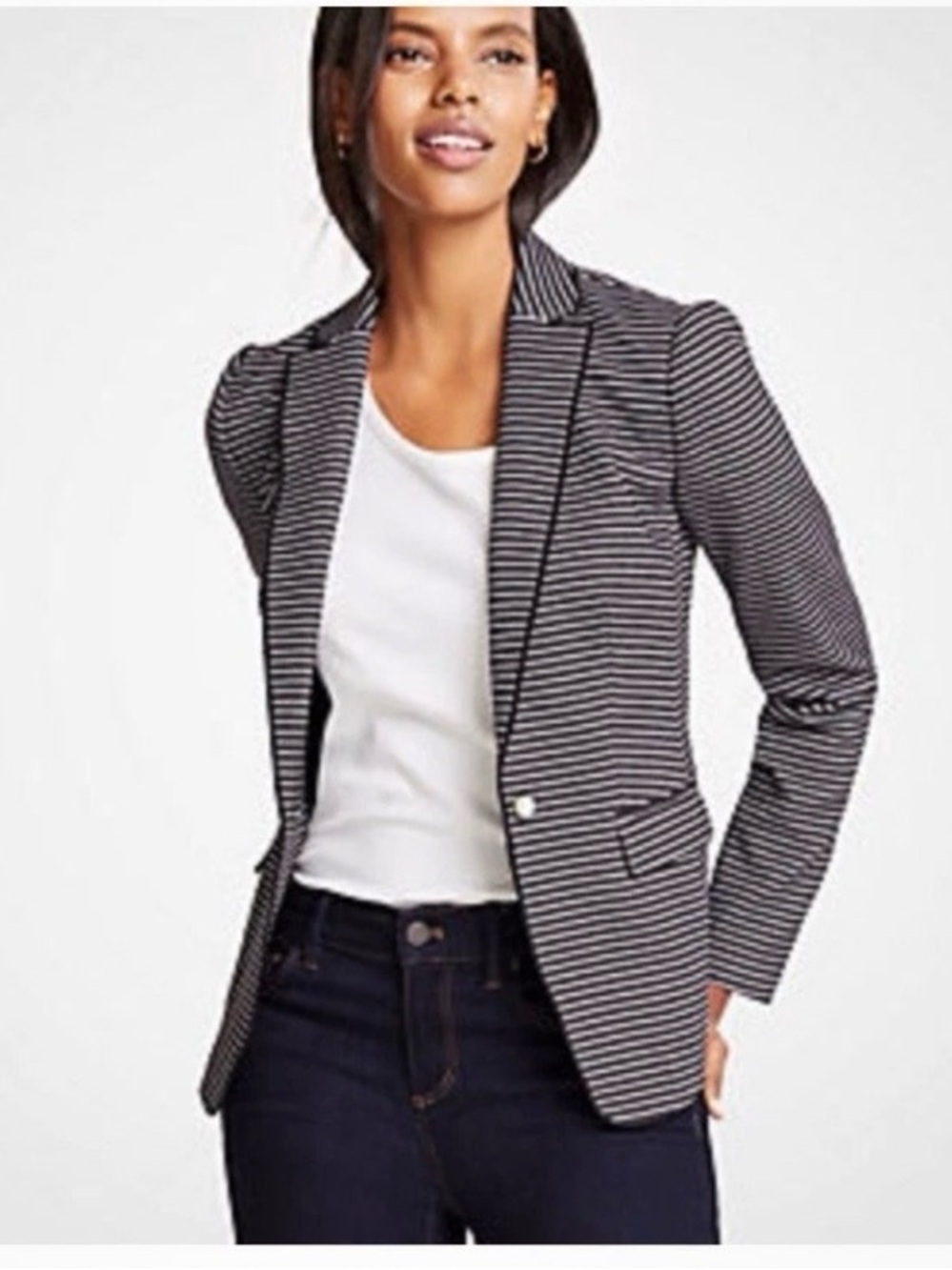 Ann Taylor Birdseye Knit Navy/white Stripe Large Pearl Buttons Jacket